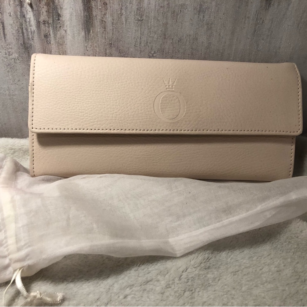Pandora Pink leather jewelry clutch travel case with black velvet inside.
